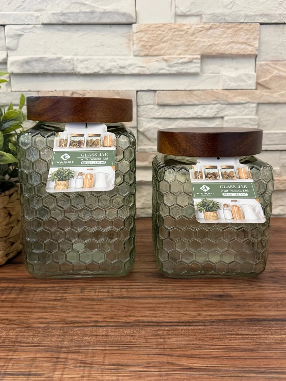 🆕 Set of 2 | Green Honeycomb Glass Jars with Wooden Lids!